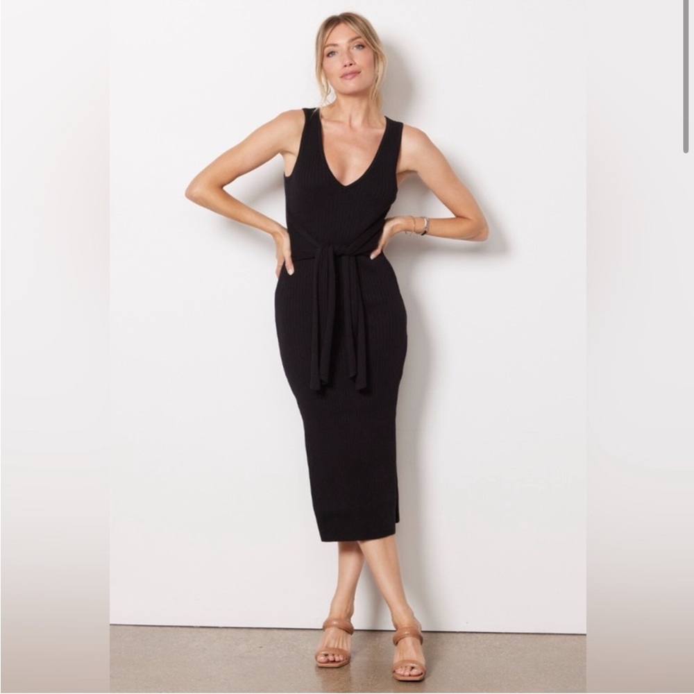 Good American Belted Ribbed Knit Sleeveless Dress Size 4 Black - Picture 2 of 5
